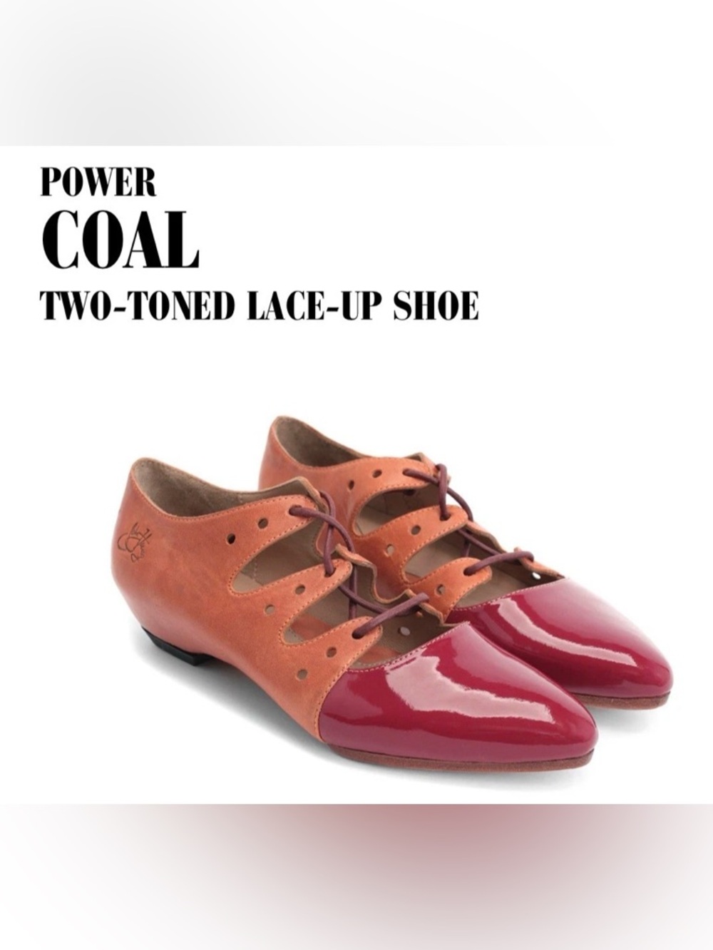 Fluevog EXCELLENT Power Coal orange/pink two-tone lace-up flat w/ patent toe - 6
